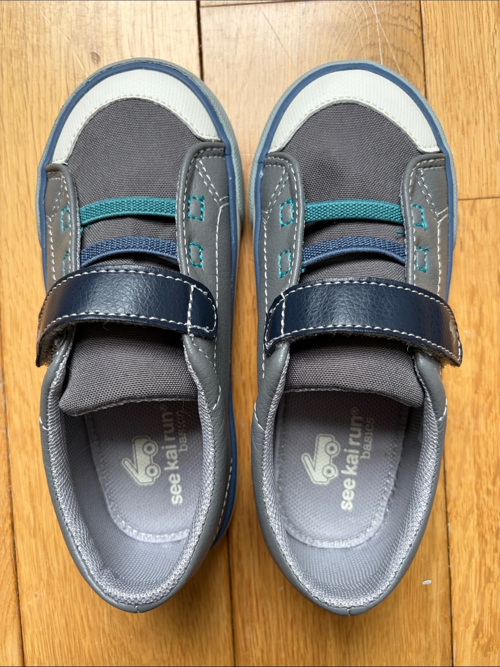 Gray Navy Hook-and-Loop Sneaker with Teal Accents